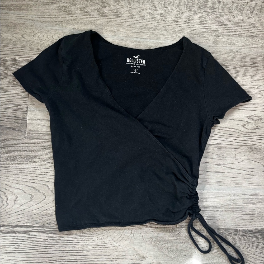 Hollister Black Wrap Top Ruched Side Tie Short Sleeve Fitted Y2K Small